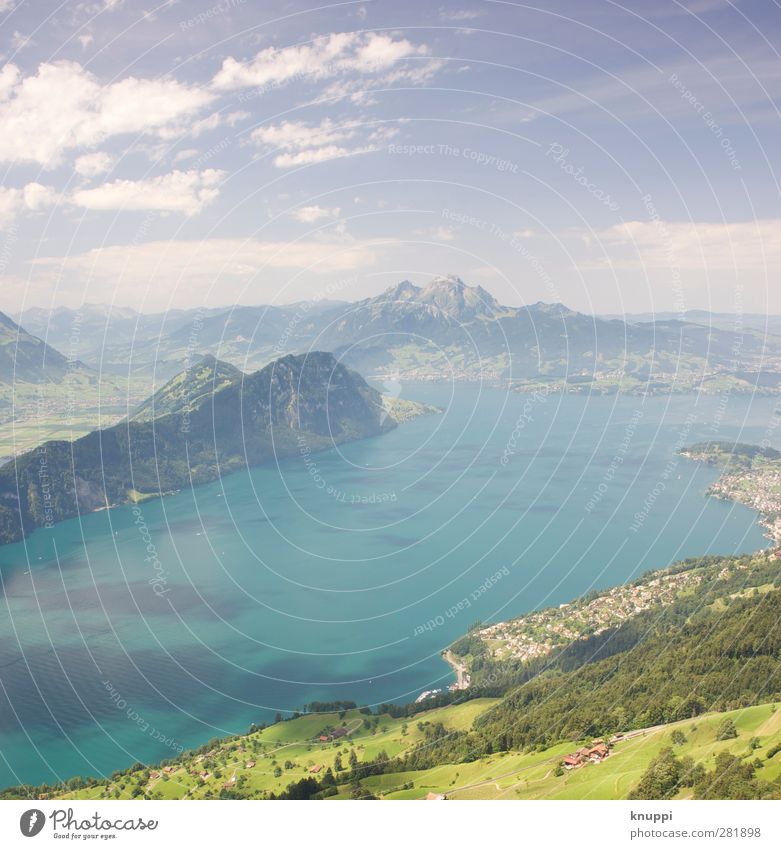 idyllic Environment Nature Landscape Air Sky Clouds Horizon Sun Sunlight Summer Autumn Weather Beautiful weather Field Forest Hill Alps Mountain Peak Lakeside