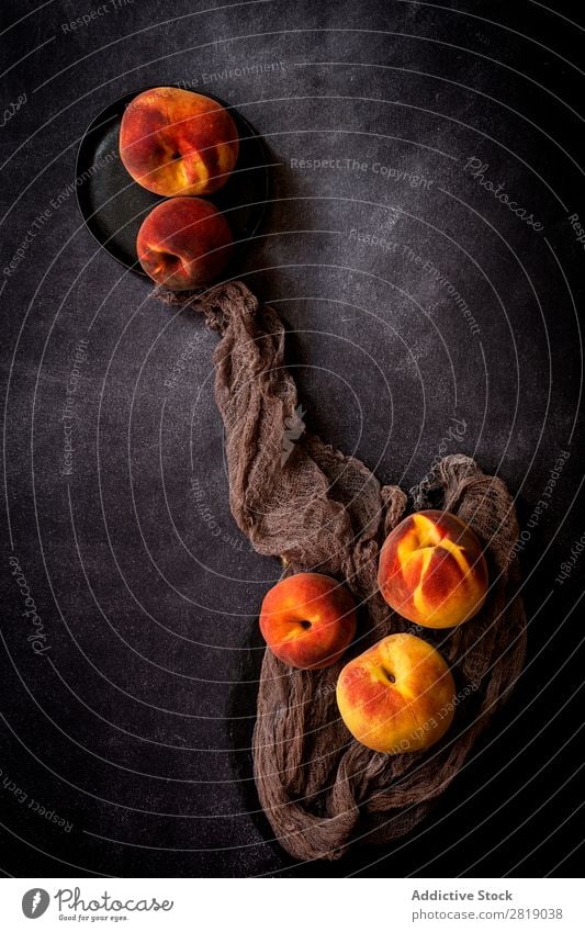 Fresh peaches on dark table Peach Fruit Food Background picture Diet Green Healthy Natural Organic Raw Agriculture Mature Table Bird's-eye view Vegetable