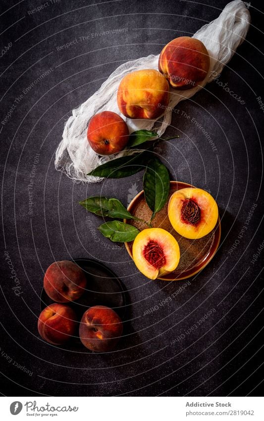 Fresh peaches on dark table Peach Fruit Food Background picture Diet Green Healthy Natural Organic Raw Agriculture Mature Table Bird's-eye view Vegetable