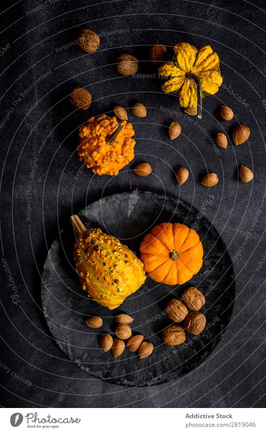 Pumpkins on dark table Fruit Food Background picture Diet Fresh Green Healthy Natural Organic Raw Agriculture Mature Table Bird's-eye view Vegetable