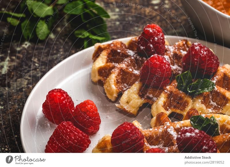 Waffle with cream raspberries and chocolate strawberries Food Sweet Dessert Cream Strawberry Raspberry Chocolate Belgian Fruit Creativity yummy Sense of taste