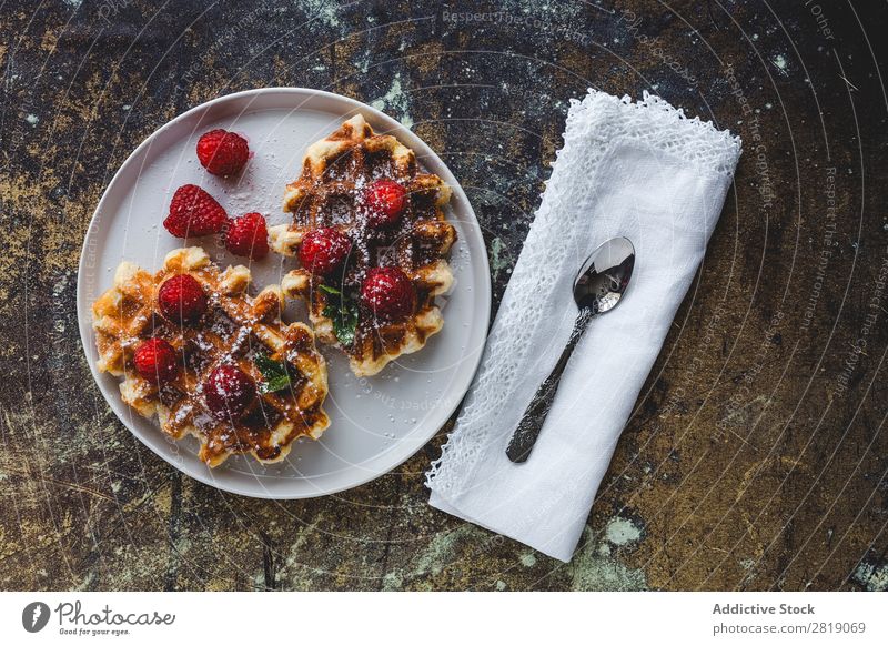 Waffle with cream raspberries and chocolate strawberries Food Sweet Dessert Cream Strawberry Raspberry Chocolate Belgian Fruit Creativity yummy Sense of taste