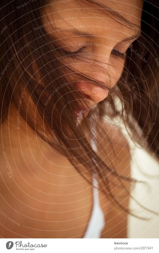 wind in hair Woman Human being Portrait photograph To enjoy Delightful Wind Hair and hairstyles Eyes Closed Sadness Grief Emotions Dark-haired Close-up Summer