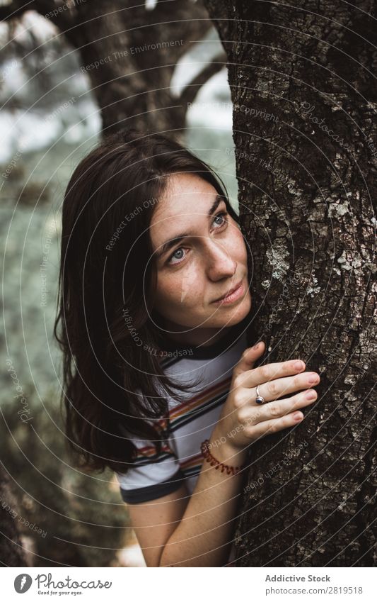 Pretty woman standing at tree Woman Tree Forest Youth (Young adults) hiding Looking away Girl Nature Human being Beautiful Park Leisure and hobbies Lifestyle