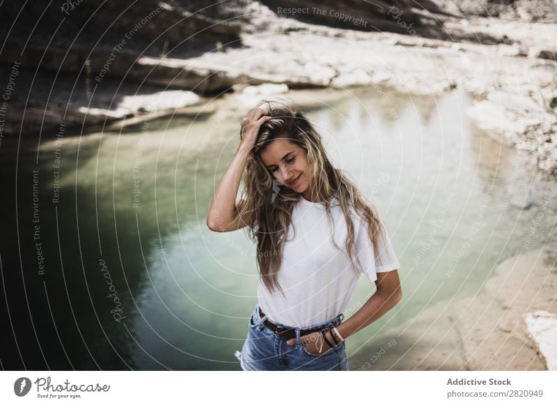 Woman standing at lake Lake pretty Stand Coast hands in pockets Nature Girl Youth (Young adults) Beautiful Attractive Water Beauty Photography Human being