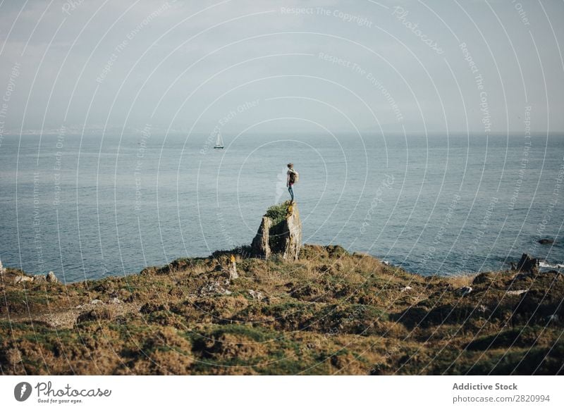 Traveler on rock of ocean traveler Tourist Coast Ocean Adventure Nature Horizon Background picture Summer Landscape Vacation & Travel Backpack Discovery