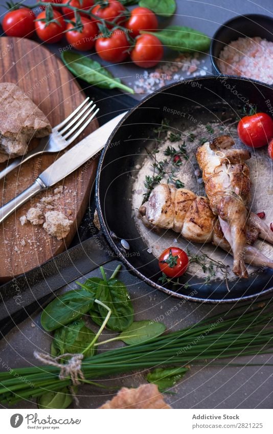 Fried poultry on pan Poultry Tasty Dish Pan Frying Tomato served Dinner Roasted Meal Meat Cooking Gourmet Food Fresh Lunch Delicious Vegetable To feed Tradition