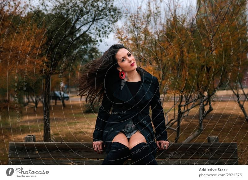 Stylish woman on park bench Woman pretty Youth (Young adults) Sit Park Bench To enjoy Attractive Beautiful Brunette Human being Beauty Photography Adults Style