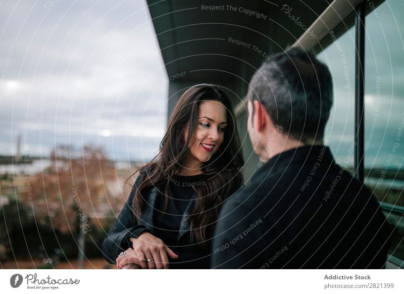 Adult couple standing on balcony Couple Adults Stand Balcony Woman Man Together Love Cheerful Flirt Lifestyle Romance Human being Beautiful romantic 2 Happy