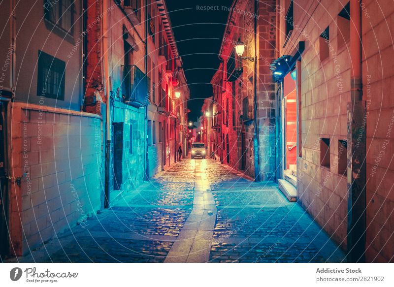 Car on dark street at night Street Night Dark Town riding Perspective Light City Building Architecture Alley Asphalt Vacation & Travel Evening way Twilight