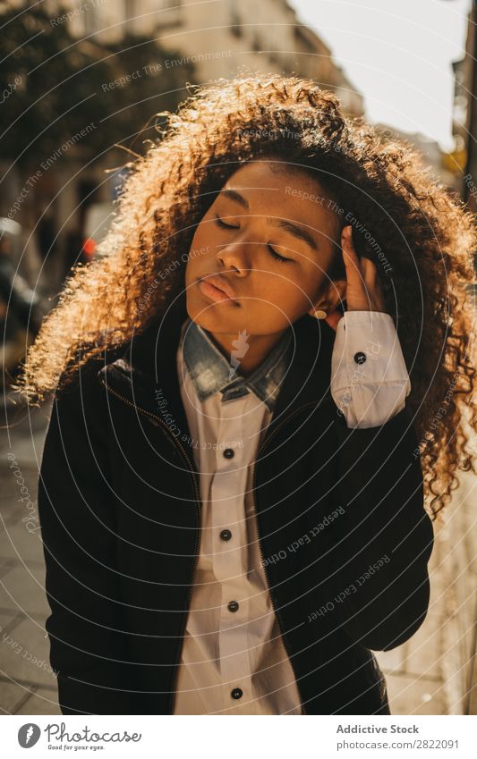 Stylish woman on street Woman pretty Beautiful Ethnic Black Curly African Youth (Young adults) Stand Street Brunette Attractive Human being Beauty Photography