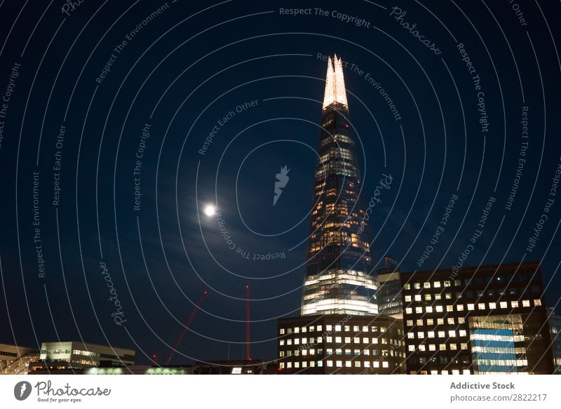 Illuminated contemporary district in night High-rise Night Moon London Architecture England Business Town Skyline International Downtown Modern Exterior