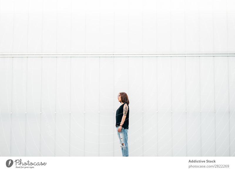 Young woman with tattoos standing on pavement Woman Style Tattoo Pavement Old Stand Street Beautiful Youth (Young adults) Fashion Hipster pretty Cool (slang)