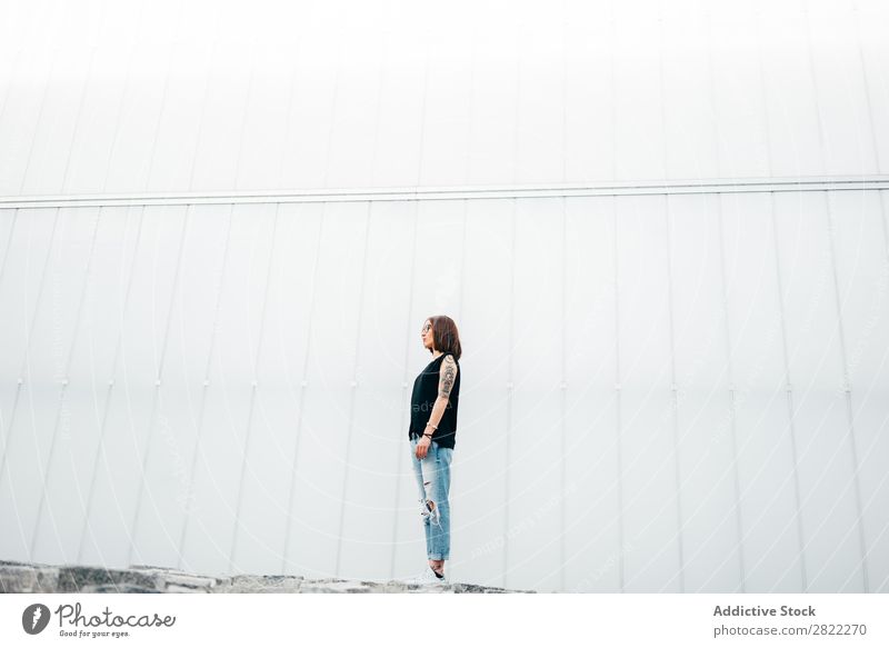 Young woman with tattoos standing on pavement Woman Style Tattoo Pavement Old Stand Street Beautiful Youth (Young adults) Fashion Hipster pretty Cool (slang)