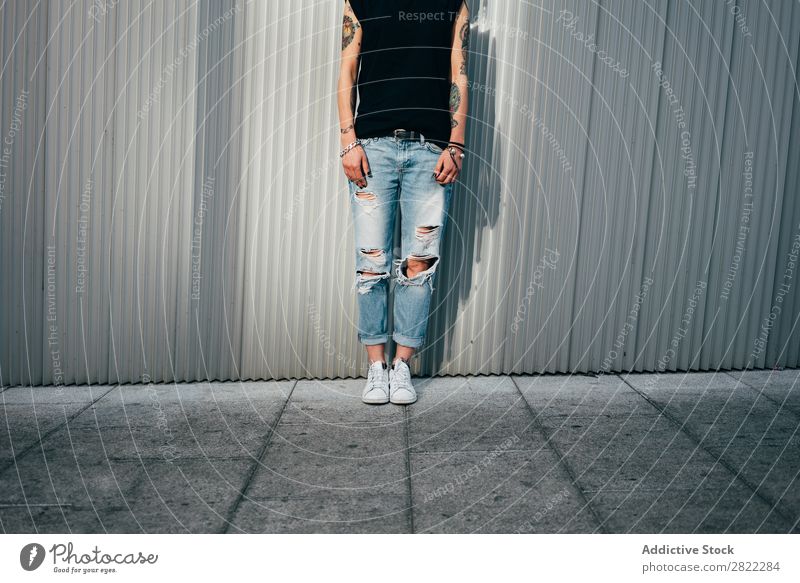 Crop stylish woman at metal wall Woman Style Tattoo Street Beautiful Youth (Young adults) Fashion Hipster pretty Cool (slang) Beauty Photography Attractive