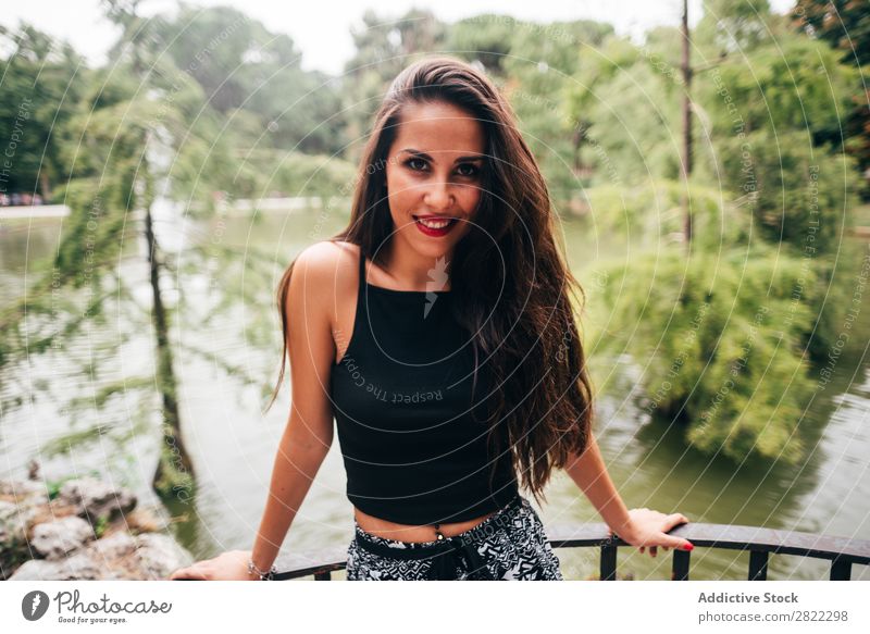 Brunette woman leaning on handrail at river Woman pretty Youth (Young adults) Beautiful Attractive Human being Beauty Photography Adults Style Cute Lifestyle