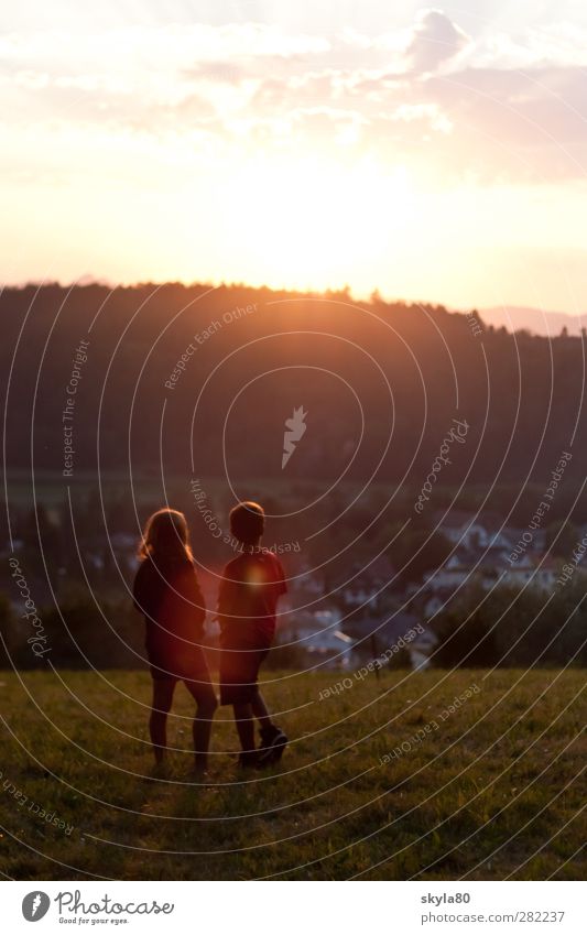 wonderland girl Boy (child) Child Couple Together Meadow Infancy Childhood memory Dream Life Sunset Reflection Family & Relations Happiness Nature Back-light