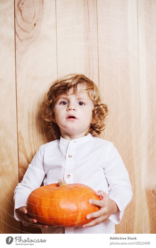 Adorable child posing with pumpkin Child Pumpkin Posture Vacation & Travel Hallowe'en Autumn human face Infancy Magic Fantasy decor Interior design Playful