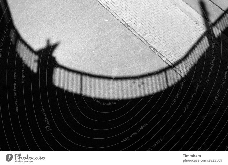 shadow beings Transport Traffic infrastructure Street Bridge Road sign Bridge railing Electricity pylon Stone Metal Dark Gray Black White Emotions Amazed