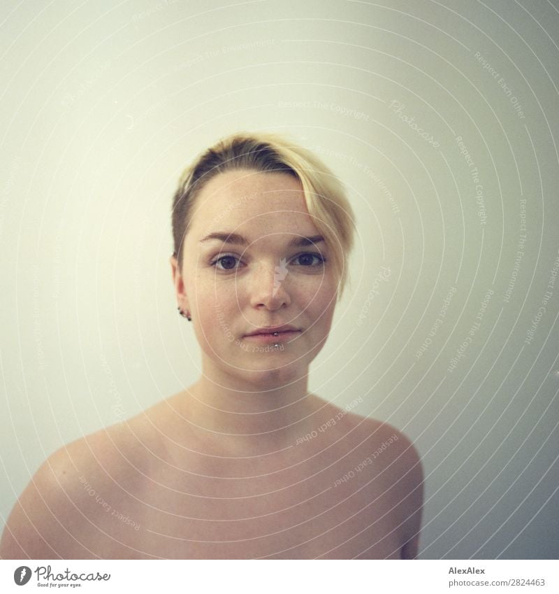 analogue, rectangular medium format portrait of a young woman with freckles and short hair Joy pretty Well-being Young woman Youth (Young adults) Face