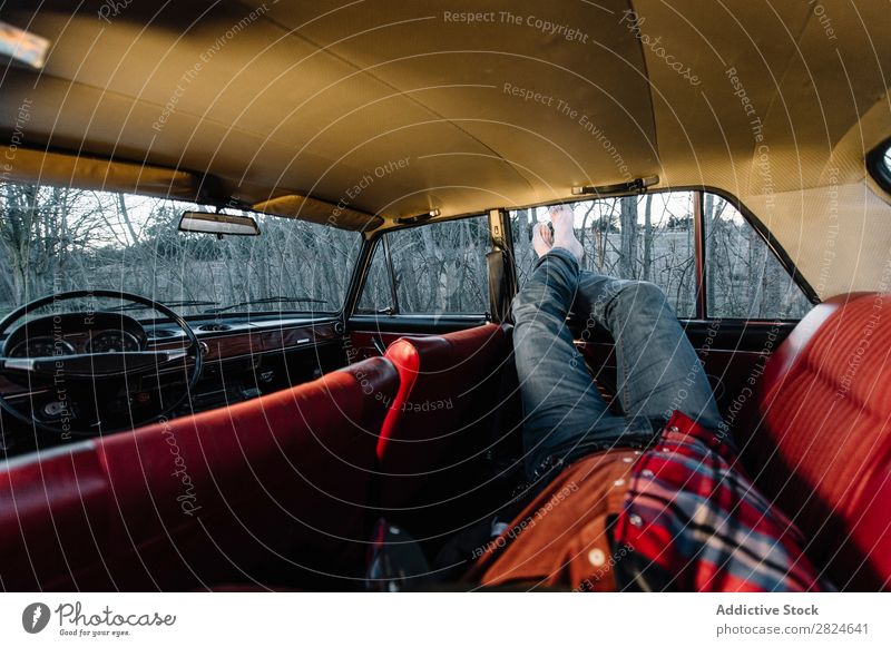 Man sleeping in vintage car Car Vintage Retro Sleep Lie (Untruth) Rest Relaxation Legs Hat White Vehicle Classic Old Adults Vacation & Travel Human being