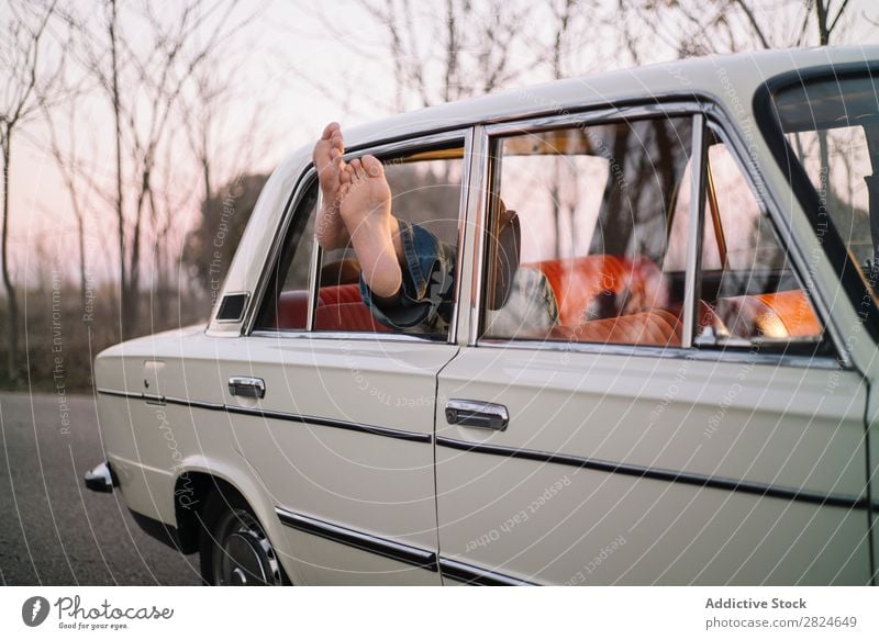 Man sleeping in vintage car Car Vintage Retro Sleep Lie (Untruth) Rest Relaxation Legs Hat White Vehicle Classic Old Adults Vacation & Travel Human being