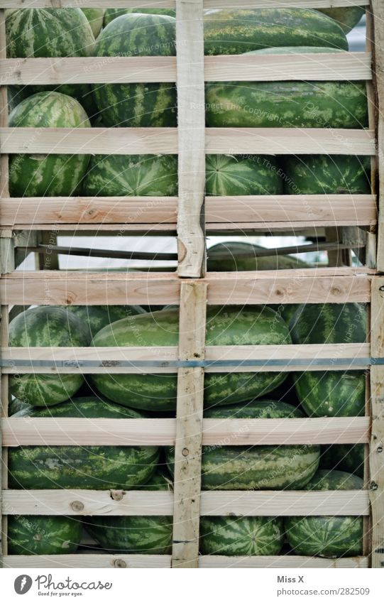 in box Food Fruit Nutrition Organic produce Fresh Healthy Large Delicious Round Juicy Sweet Green Water melon Melon Crate Box of fruit Farmer's market