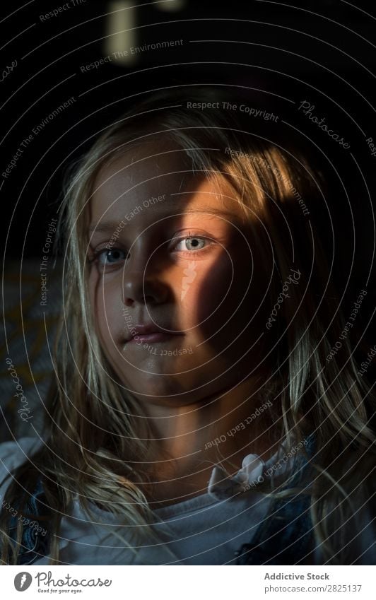 Child in spot of sunlight Portrait photograph Sunlight Summer Innocent human face Posture Relaxation Girl Charming Interior shot Self-confident Considerate