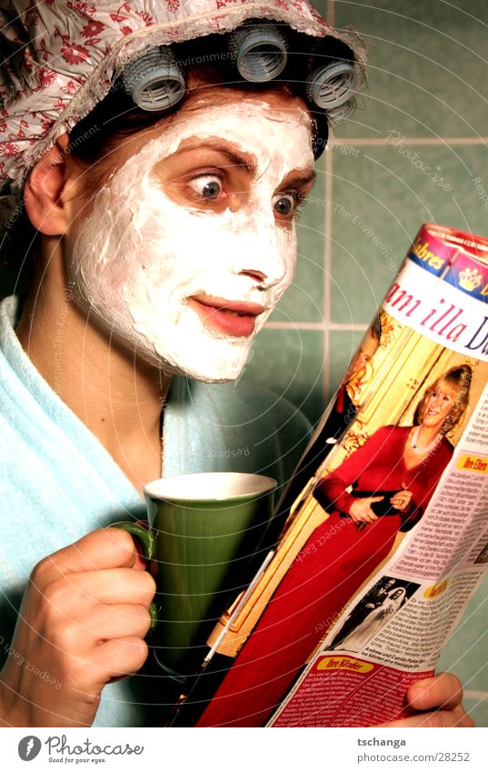 housewife_one Housewife To talk Skimmed milk Hair curlers Bathroom Curiosity Surprise Bathrobe Woman Drinking Coffee charles kamilla Mask Beautiful Shower cap