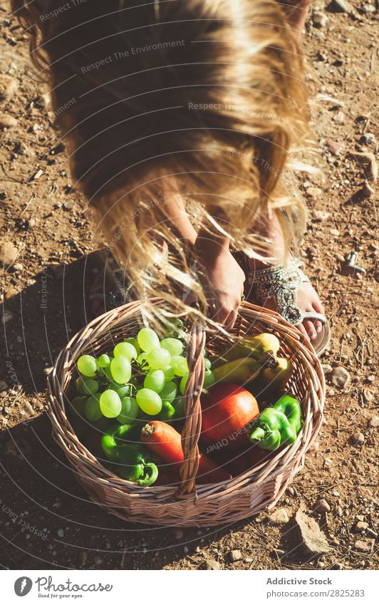 Anonymous child with basket of fruit Girl Basket Fruit Vegetable Summer Agriculture Landscape Nature Harvest vitamins Fresh Food Organic Beauty Photography