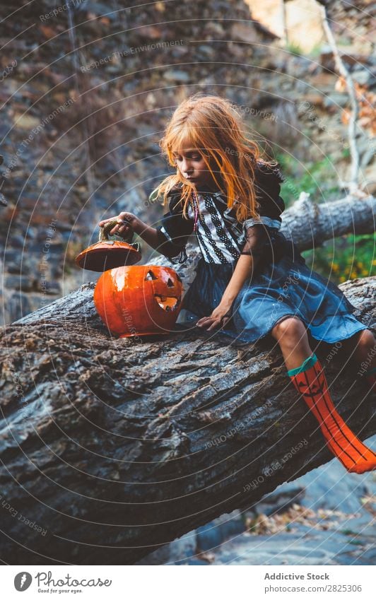 Cheerful kid in costume posing on tree Girl Costume Hallowe'en Posture Feasts & Celebrations Tradition Magic Expression Candy Clothing Tree trunk Festival