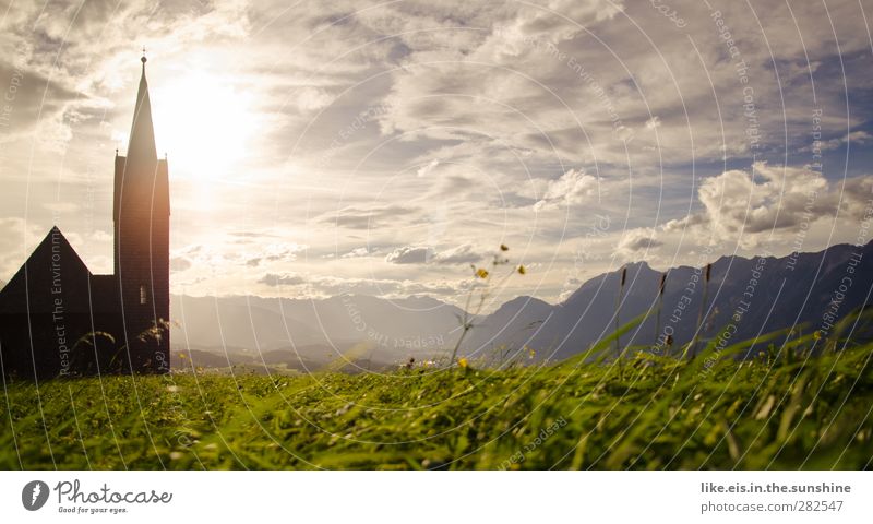 Sunday trip. Environment Nature Landscape Horizon Sunlight Summer Autumn Beautiful weather Grass Bushes Garden Meadow Hill Alps Mountain Church Dome Safety