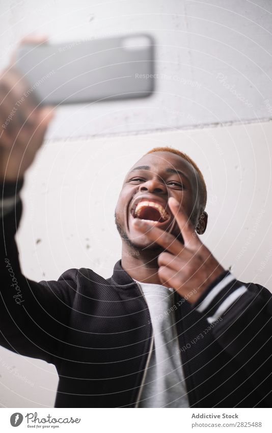 African american man making himself selfie portrait of smart pho Man Mobile Camera Telephone Smart Joy Take Human being PDA Youth (Young adults) Photography