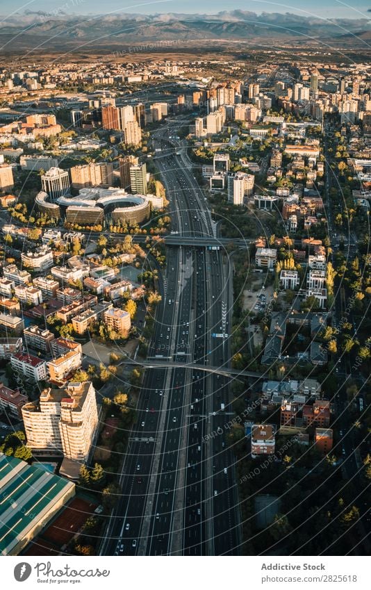 Aerial shot of Madrid city high road Skyline Modern Highway Town City Street Architecture megapolis metropolitan Aircraft Landscape Construction Transport