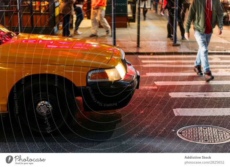 Taxi yielding to a pedestrian Yield Pedestrian cross-walk Yellow City Town Deserted Street Transport Zebra Life Cross Movement Car Downtown crosswalk Day