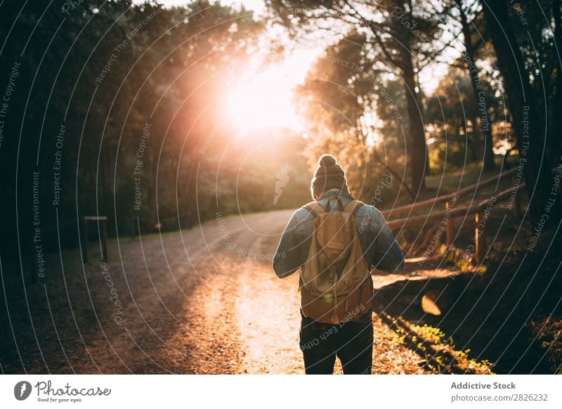 Man with backpack walking in the countryside Tourist Street Forest Backpack Autumn Tourism Vacation & Travel Adventure Youth (Young adults) Trip backpacker