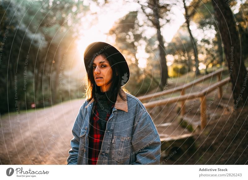 Indian woman in a countryside road Woman Tourist Forest Portrait photograph Street Autumn Rural Nature Relaxation Silent Youth (Young adults) pretty Cheerful