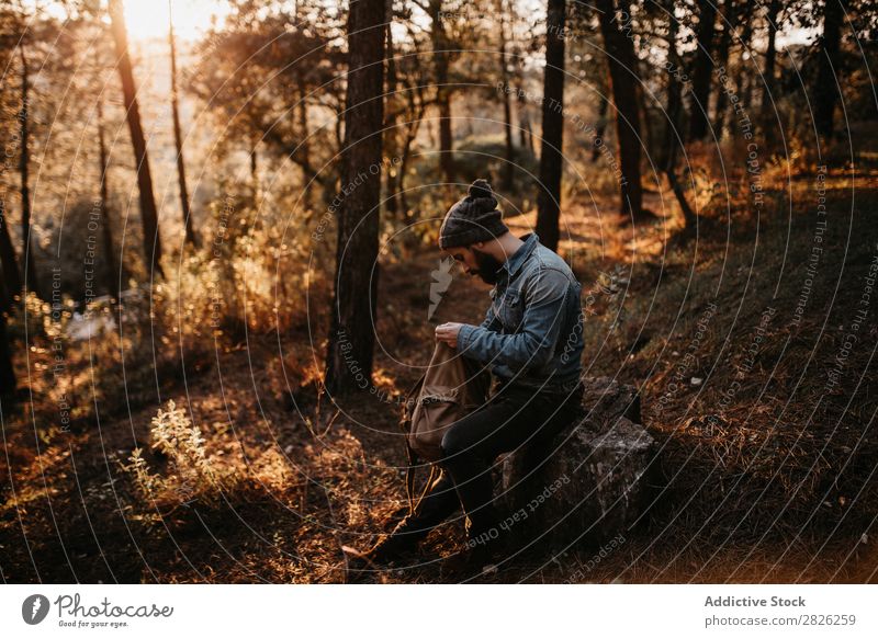 Man in forest looking into backpack Looking Backpack Tourist Forest Portrait photograph Autumn Tourism Vacation & Travel Adventure Youth (Young adults) Trip