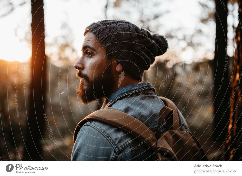 Man looking back in autumn forest Tourist Forest Backpack Autumn Tourism Vacation & Travel Adventure Youth (Young adults) Trip backpacker traveler Rural Nature