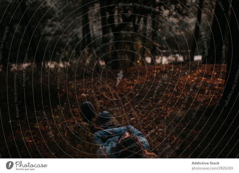 Bearded man having a break in the forest Human being Rest Lie (Untruth) Man Tourist Backpack Forest Looking Sunset Tree Portrait photograph Autumn Tourism