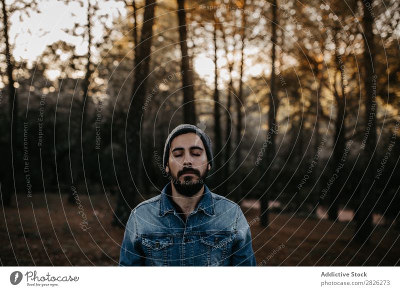 Man with eyes closed in the forest Tourist Forest Portrait photograph Autumn Youth (Young adults) Rural Nature Relaxation Silent Stand Considerate Think bearded