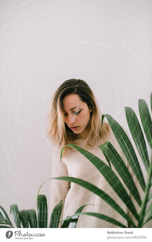 Sleepy woman near plant Woman sleepy Plant eyes closed Morning Youth (Young adults) Home Pensive Considerate Attractive Beautiful Resting Lifestyle Human being