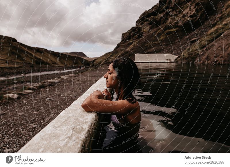 Woman relaxing in hot spring thermal spring Relaxation Tourism Wellness Vacation & Travel Swimming & Bathing Resort Water Therapy Volcanic enjoying Spa Healthy