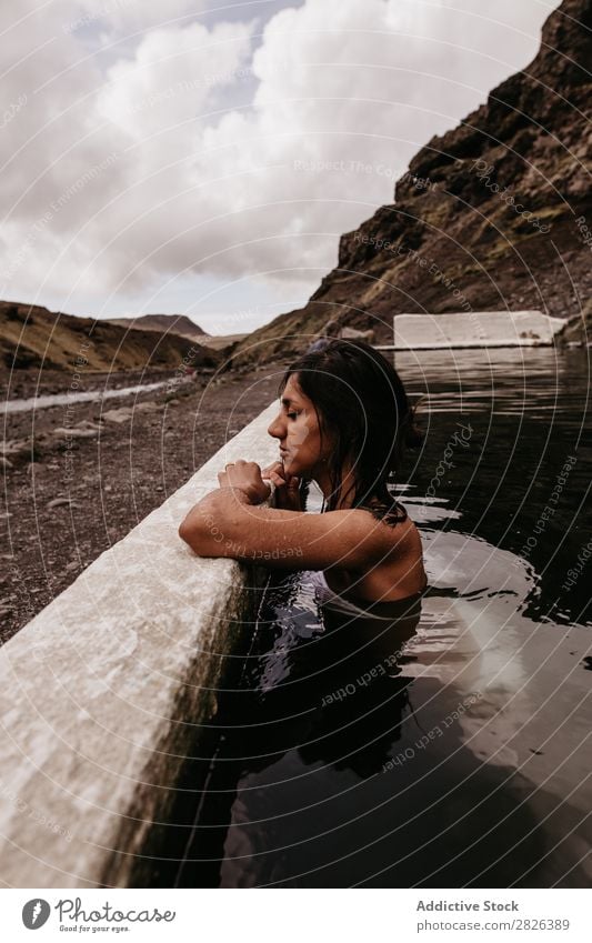 Woman relaxing in hot spring thermal spring Relaxation Tourism Wellness Vacation & Travel Swimming & Bathing Resort Water Therapy Volcanic enjoying Spa Healthy