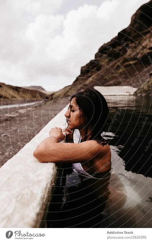 Woman relaxing in hot spring thermal spring Relaxation Tourism Wellness Vacation & Travel Swimming & Bathing Resort Water Therapy Volcanic enjoying Spa Healthy