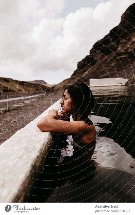 Woman relaxing in hot spring thermal spring Relaxation Tourism Wellness Vacation & Travel Swimming & Bathing Resort Water Therapy Volcanic enjoying Spa Healthy