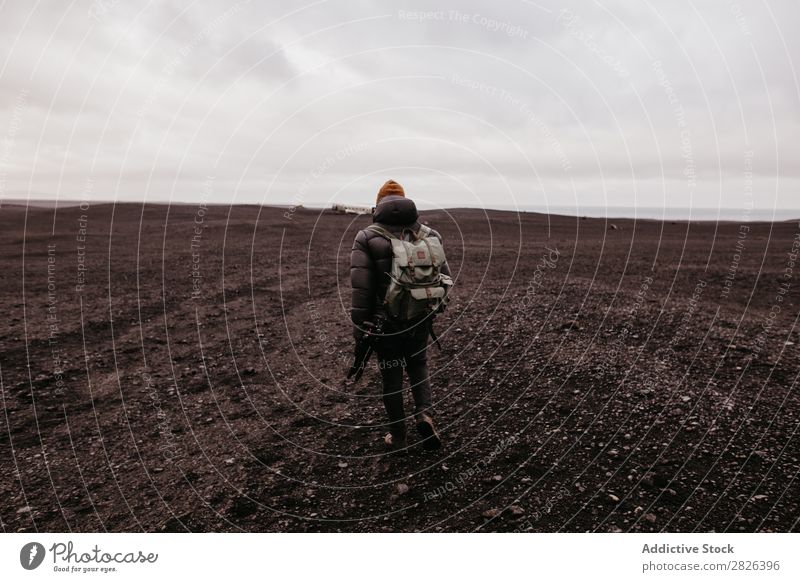 Tourist walking in desert Man Backpack Desert Iceland Nature Hiking Vacation & Travel Landscape Adventure Street Tourism Walking Volcanic scenery North