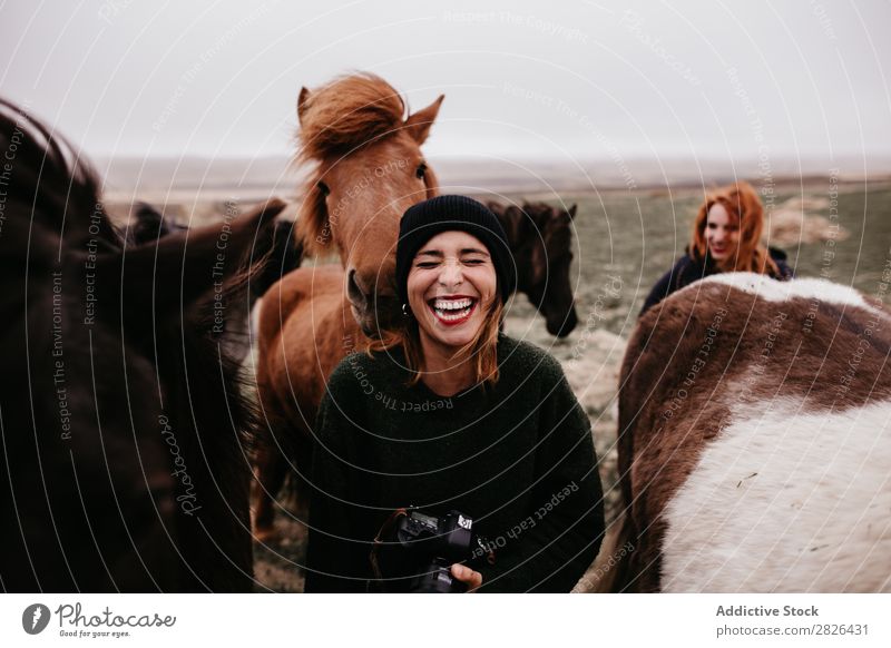 Laughing women with horses Woman Tourism Horse Photographer Iceland Nature Happiness Landscape Rustic Farm Green Leisure and hobbies Rural equine Touch national