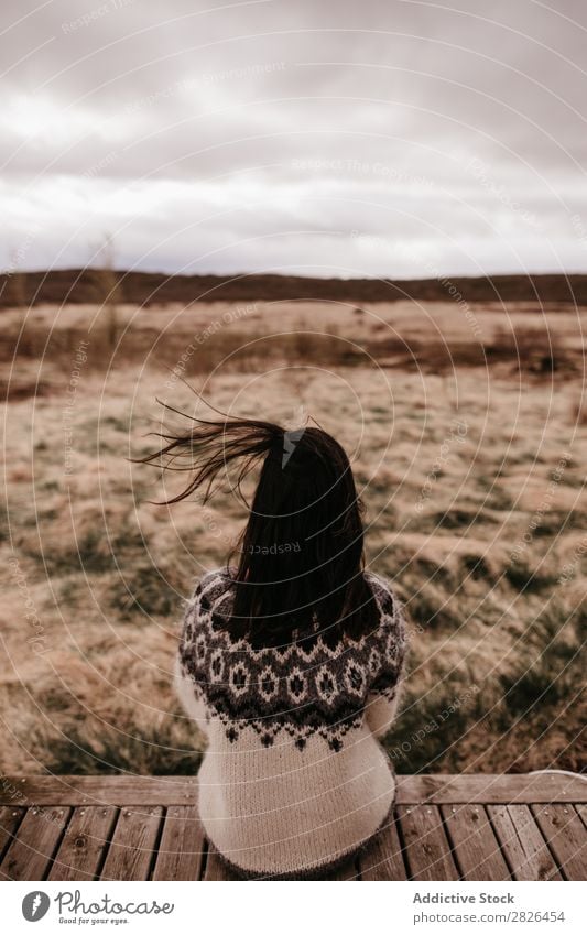 Anonymous girl on porch Woman Plain Iceland romantic Nature Panorama (Format) House (Residential Structure) Veranda Terrace scenery Natural Landscape