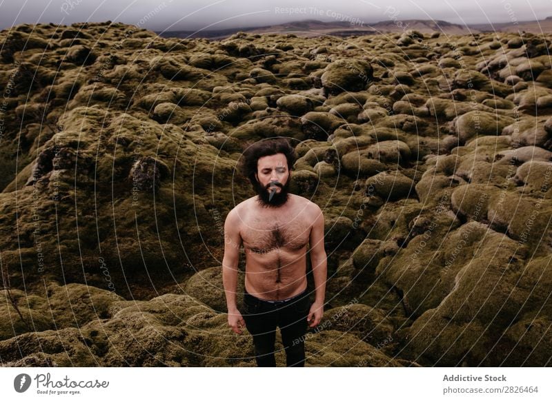 Shirtless muscular bearded man in Icelandic nature Man topless Muscular Nature Youth (Young adults) Summer Lifestyle Human being Mountain handsome shirtless